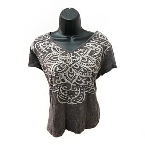Bay Studio Women’s Large Gray Brown V-Neck Short Sleeve Graphic Print T-Shirt